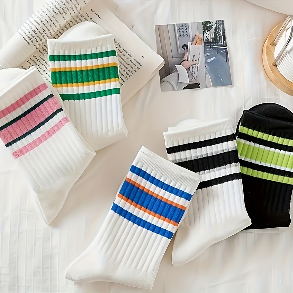 Image of 5 Pairs Women's & Unisex (male/female) Rainbow Striped Mid-tube Stockings - Multicolor (,,,,,) - Hand Washable Hosiery For Sock Collections, Themed Outfits & Casual Attire - 5-pair Pack