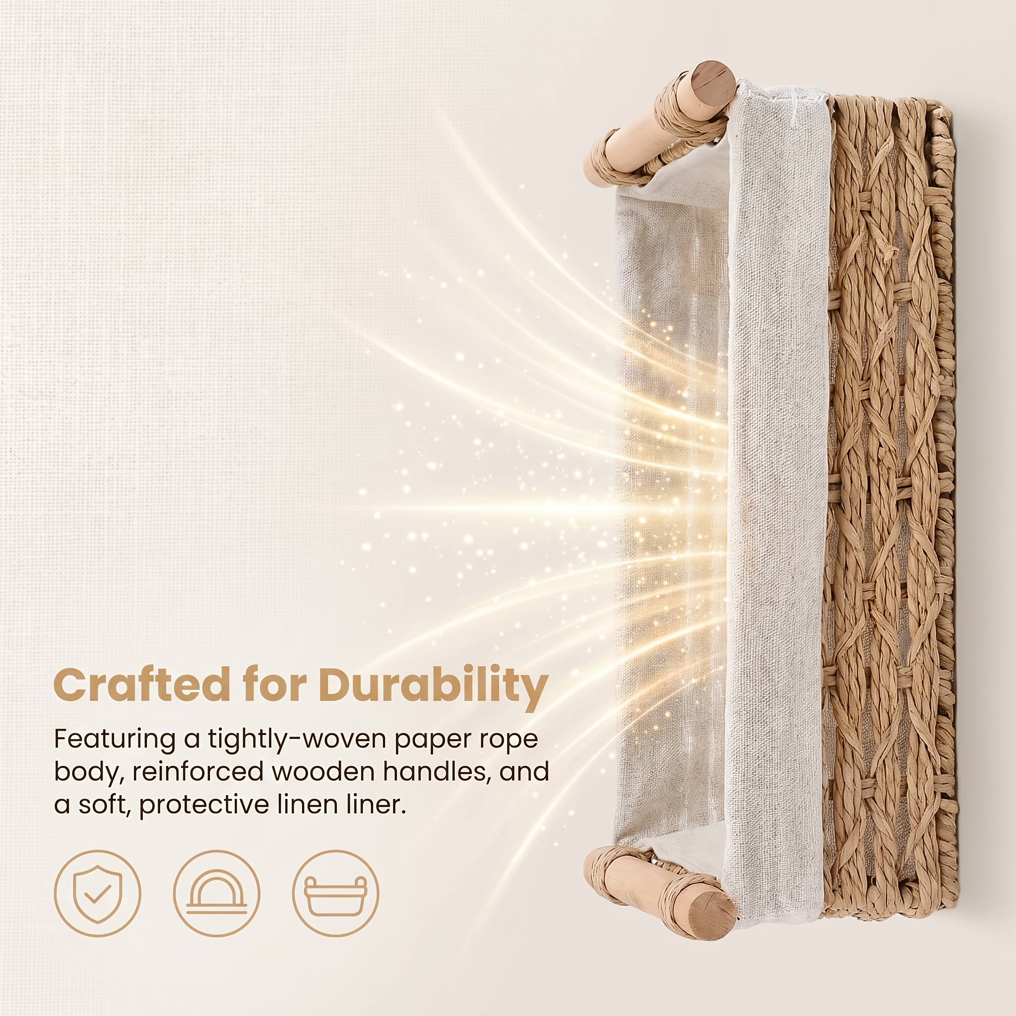 2pcs Handmade Paper Rope Woven Storage Basket with Wooden Handle - Portable Snack Organizer for Bathroom, Kitchen Shelf and Countertop, Decorative Basket for Home Storage and Organization, Shelf Baskets