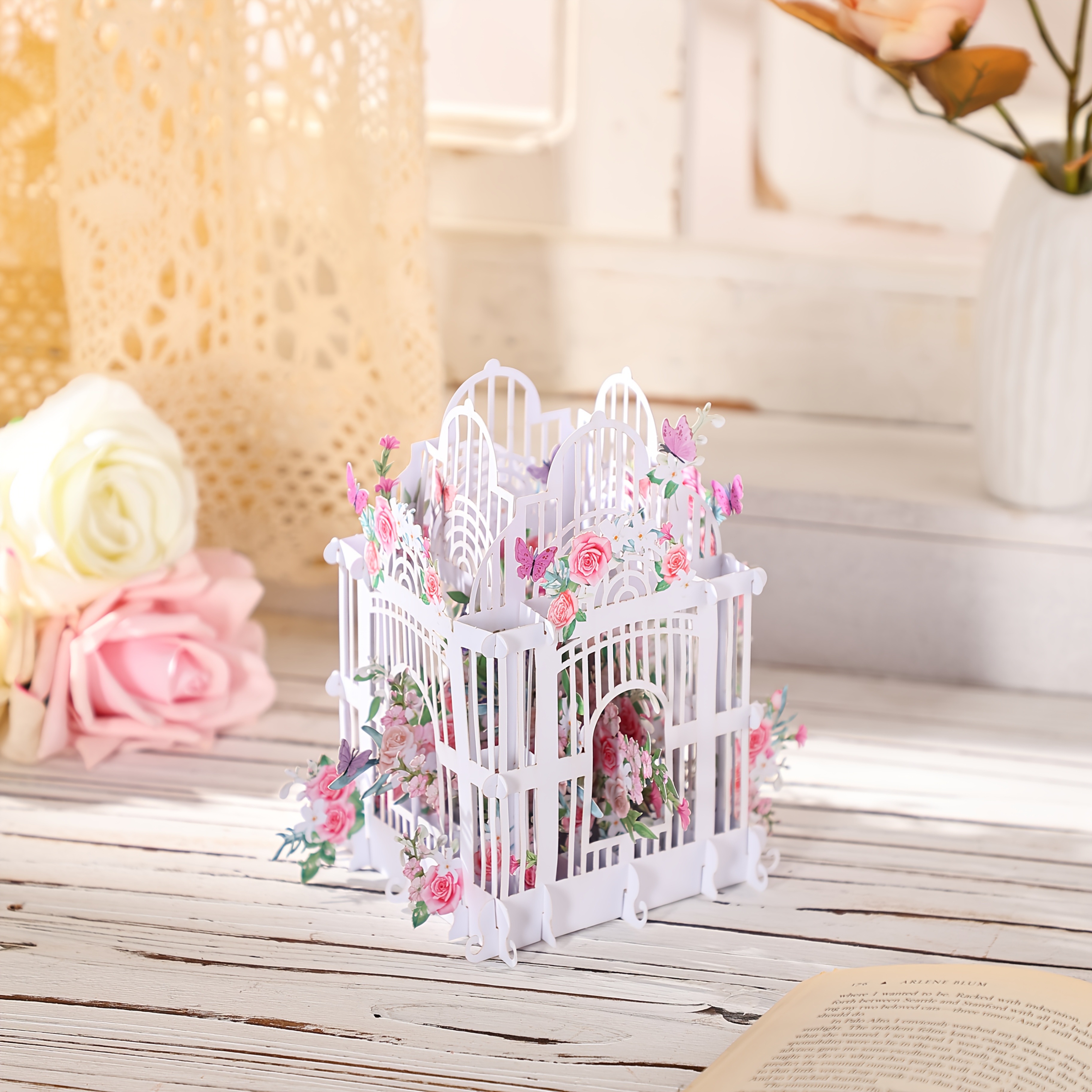 

Elegant 3d Pop-up Flower Cage Greeting Card - Ideal For Birthdays, Valentine's Day, Day, Anniversaries & Weddings - Decorative White Paper Craft With - Perfect Gift For Anyone, Birthday Card