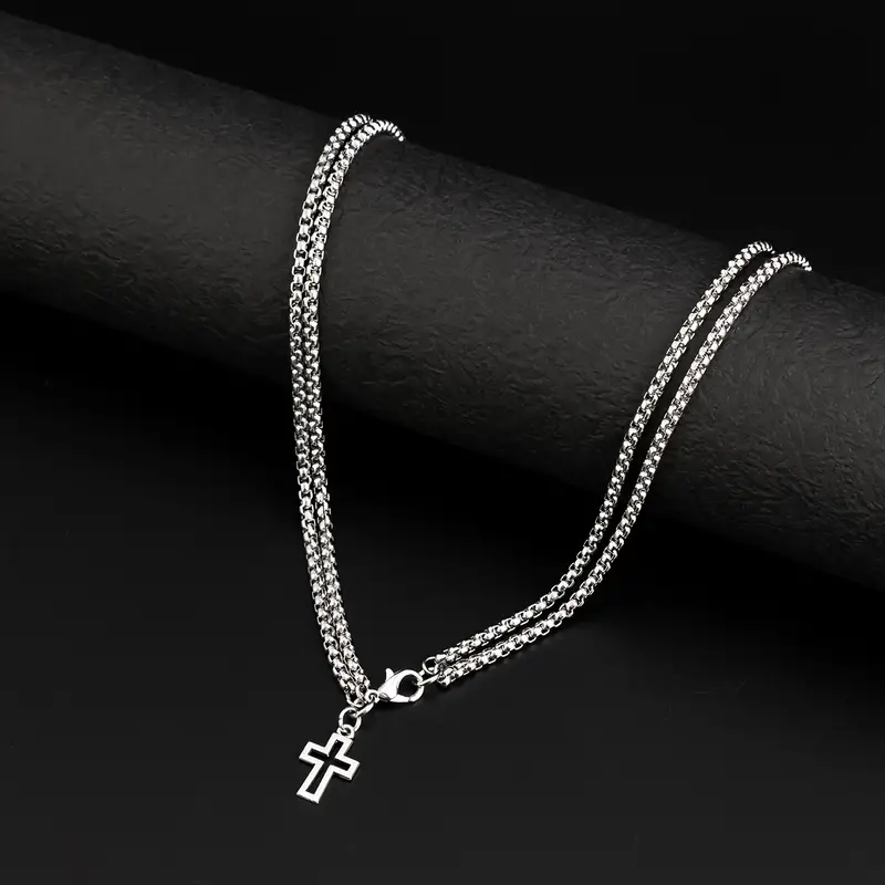 1pc Double Layer Hollow Cross Pendant Necklace, Men's Stylish Sweater ...