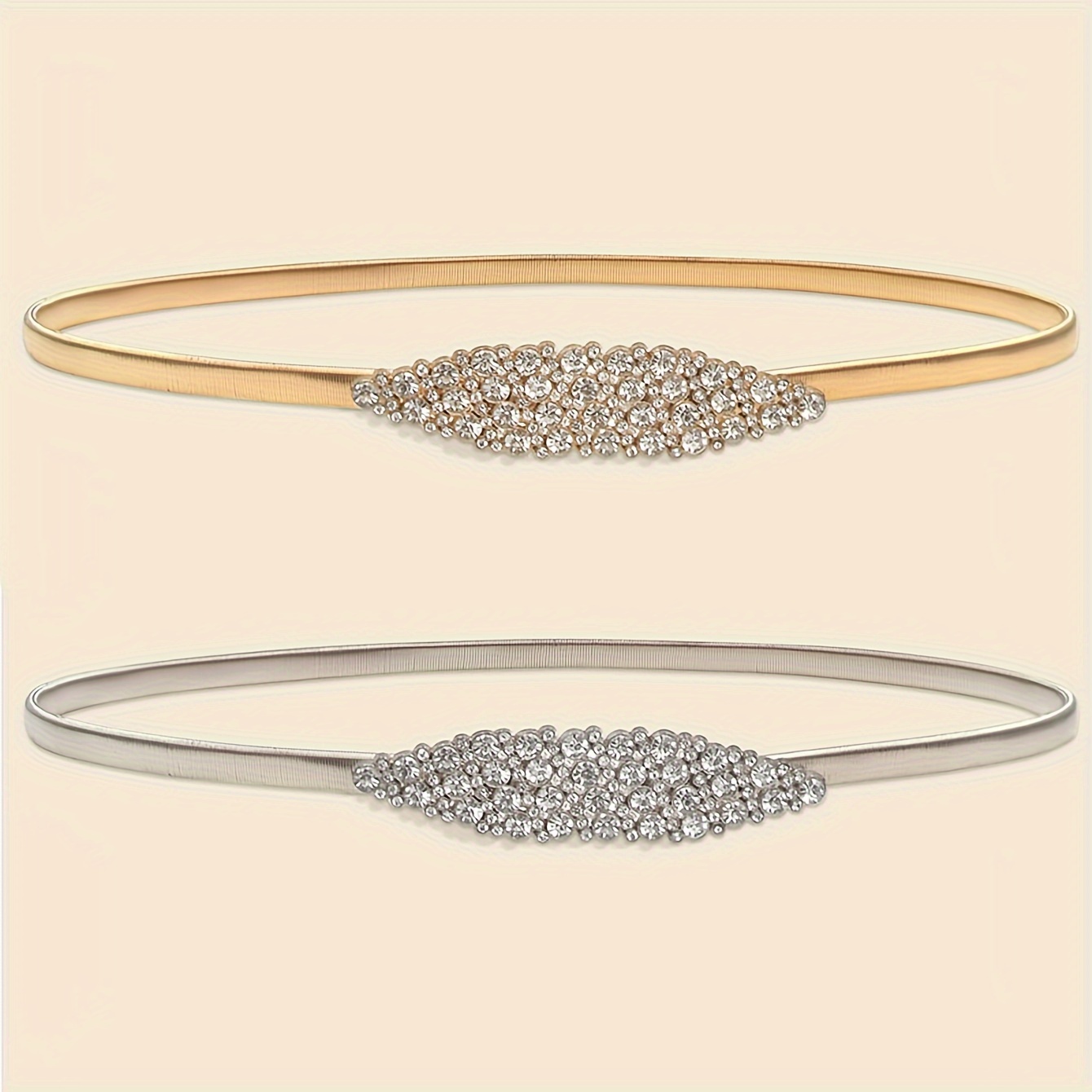 

Golden Elastic Waist Belt With Rhombus Diamond For Women