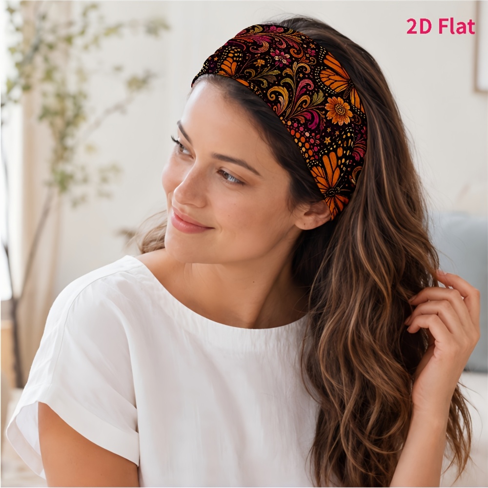TEMU 2d Flat 1pc New Style Hair Band, Orange And Floral Intricate Print Pattern, Suitable For Yoga/fitness/daily Commute/skincare, Photo /outing,