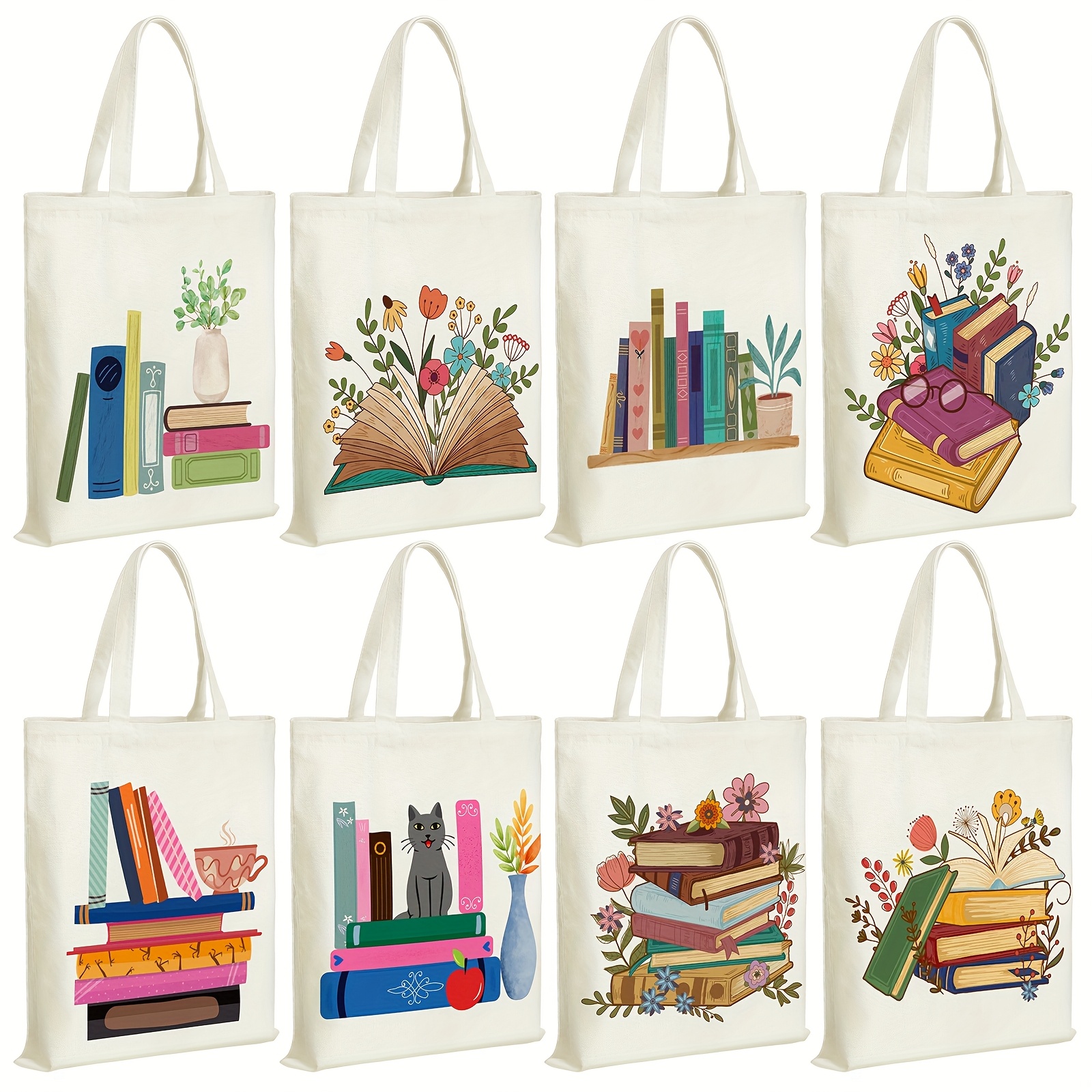 

8pcs Floral & Books Canvas Tote Bags - , Reusable Shopping Bags With Unique Book And Flower Designs - Ideal Gifts For , Librarians, And Women - Work, School, Or Use,