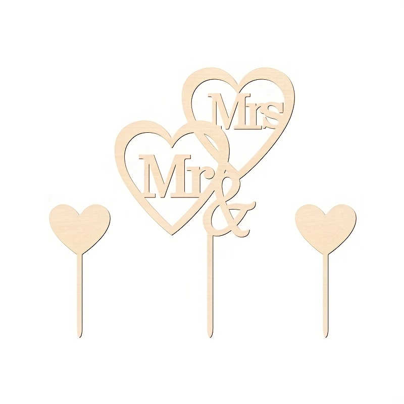 Image of 3pcs, Wooden Cake Topper With Interlocking Hearts Accents, Heart Shaped Cake Decorating Supplies, Wedding Cake Decor For Anniversary Engagement Party, Romantic Couple Keepsake