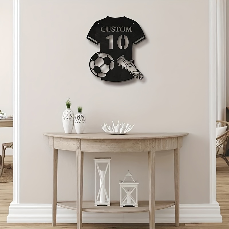 Personalized Soccer Sign Metal Wall Art Deco - Custom Name & Number Football Jersey Wall Decor, Reusable Pre-pasted Matte Metal Mural for Home Decor, Detachable Artistic Sports-Themed Gift