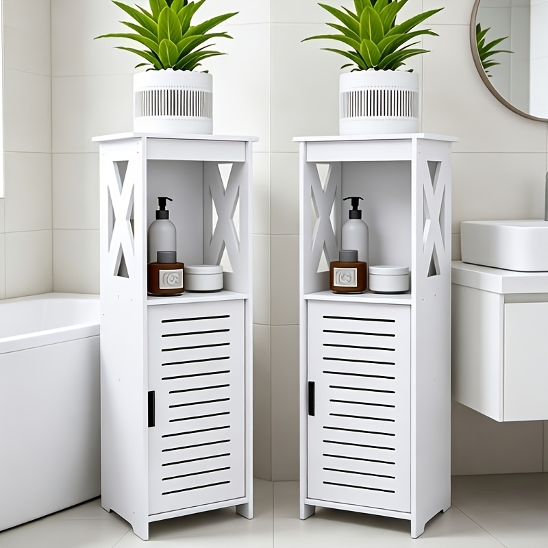 Image of Set Of 2 Narrow Lightweight Console Tables -75cm Tall Slim Entryway Cabinet For Behind Door, Bathroom & Living Room, Portable Pp+wood Storage Shelf, Space- For Small Apartments