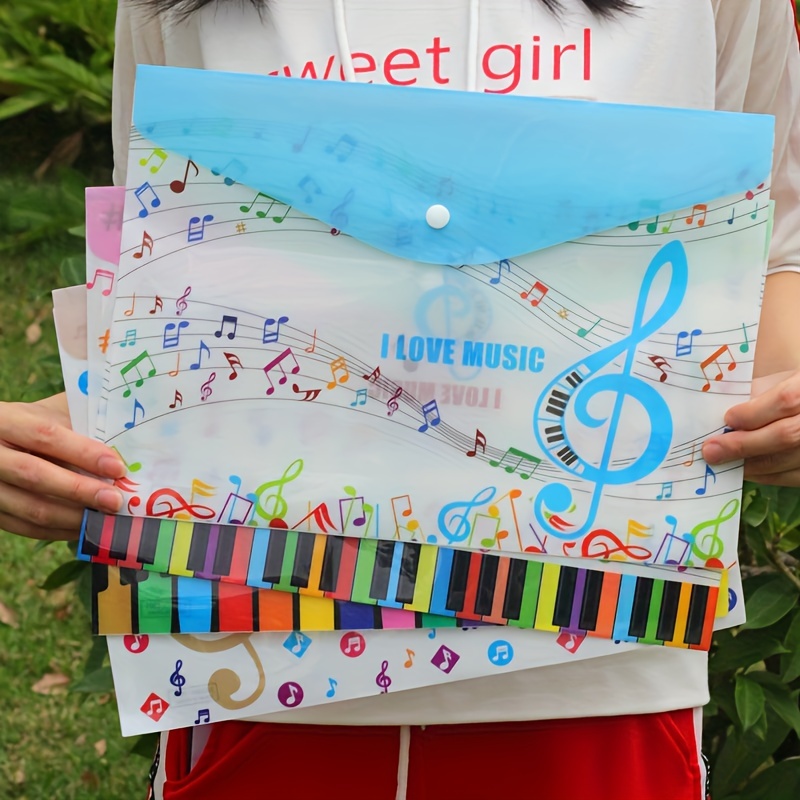 

12-pack A4 Music Themed Pvc File Jackets With Piano Keyboard And Note Motifs - Document Organizer Pockets For Students & Musicians