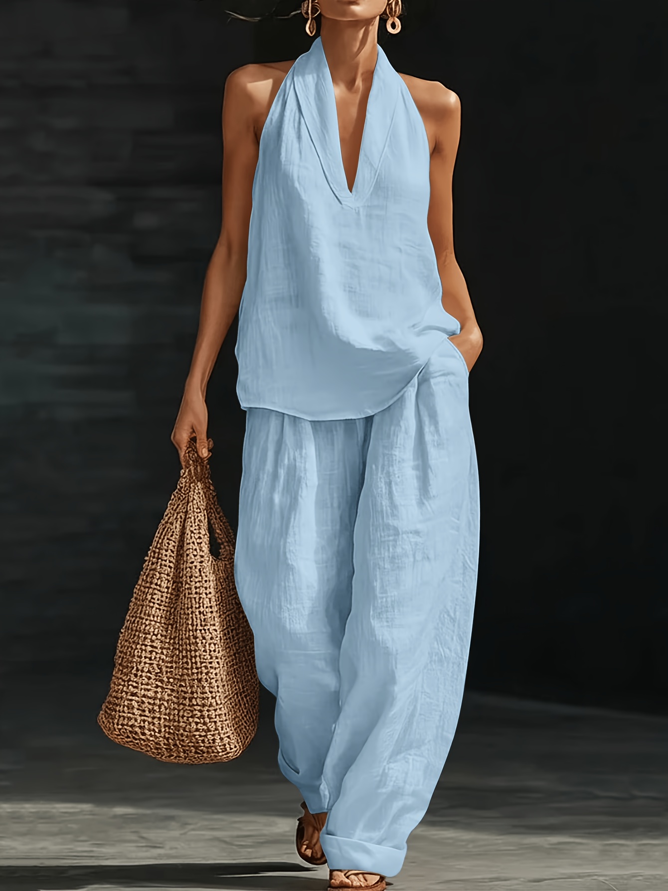 conjunto de 2 peças 2026 estilo de férias feminino e conjunto de linho com decote em v   sem   top calças de perna larga conjunto de   peças feminino