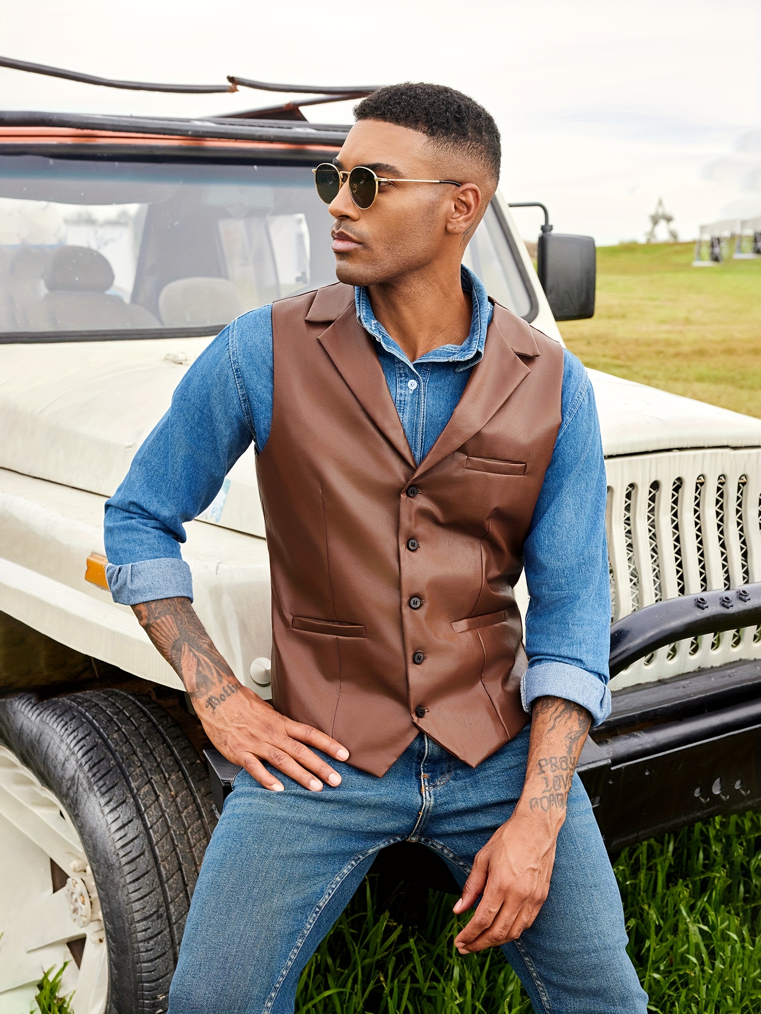 *'S Faux Leather Suit Vest Casual Western Vest Jacket Lightweight V-Neck  Dress Waistcoats