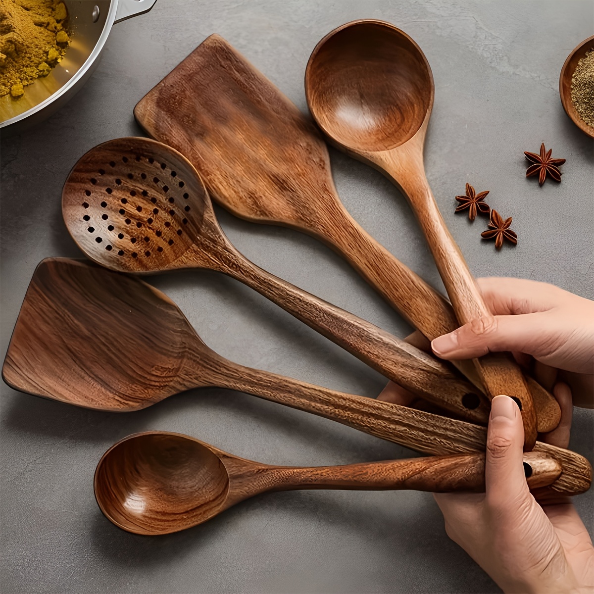 TEMU 5pcs Premium Wooden Kitchen Utensils Set - Ergonomic Handles Natural Wooden Spoons Ladle And Wok Spatulas For Heat Resistant Easy To Clean And Durable Kitchen Essentials