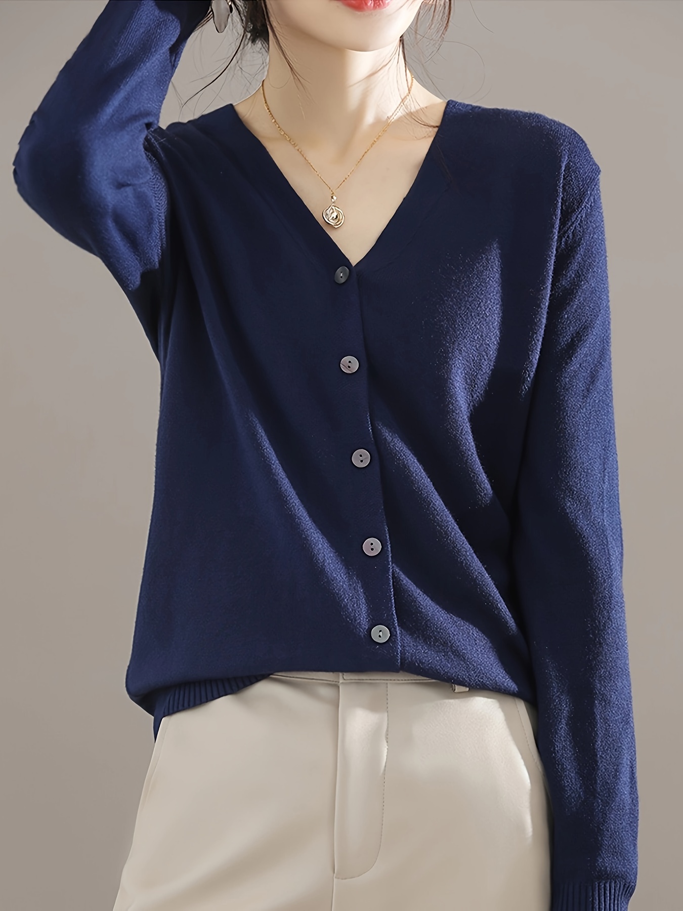 Solid Button Down Knit Cardigan Elegant V Neck Long Sleeve Slim Sweater Women s Clothing