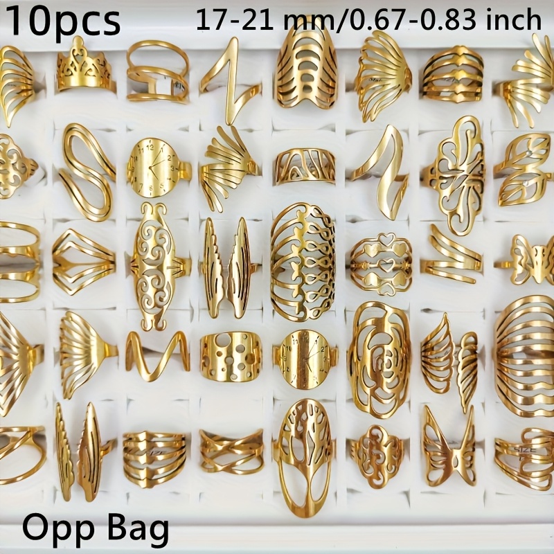 E-shop 10 Stk./Los Edelstahl Hohlring für Teenager Mix Geschnitzte Geometrische Charme Mode Schmuck Gravierte Offenlegungsringe Teenager Geschenke, für