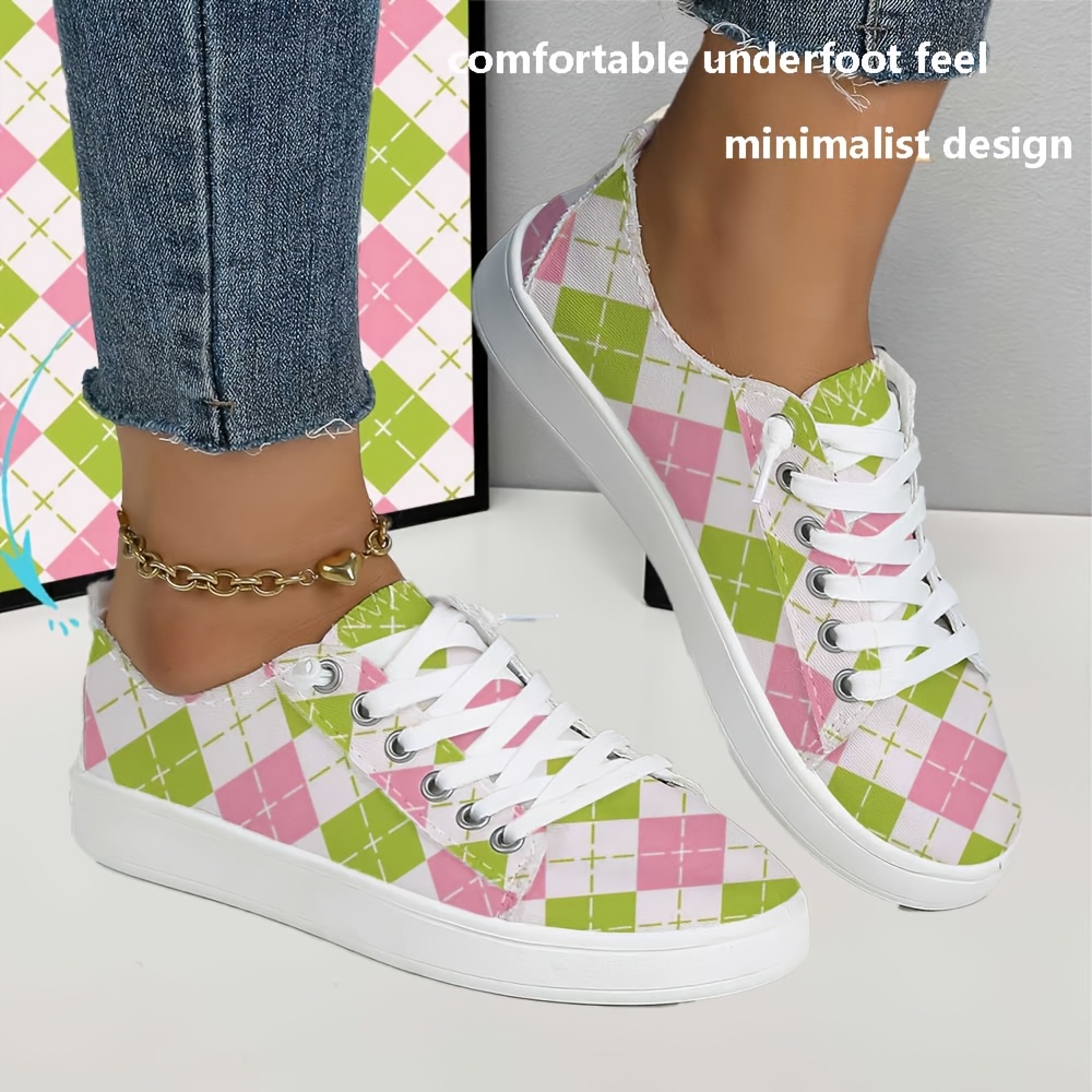 New Seasonal Checkered Pattern 2d Printed Lightweight, Breathable Lace-up Fashionable Women's Shoes, Suitable For Outdoor Sports, Hiking, And As Student Shoes, Women Shoes
