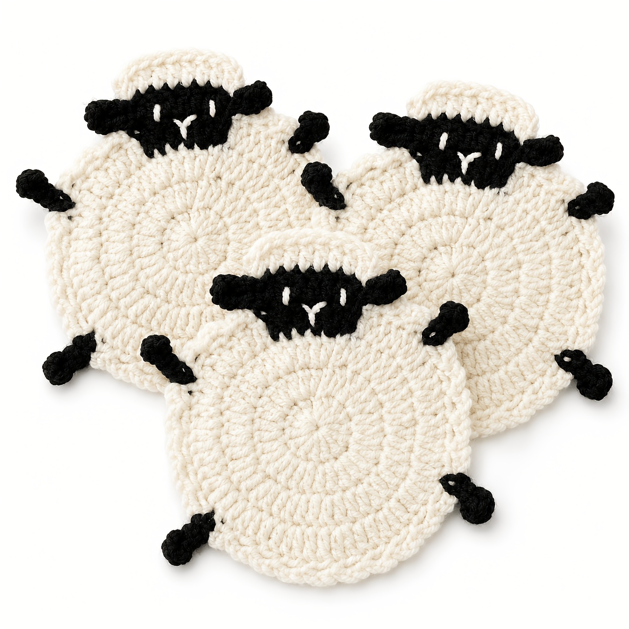TEMU 3pcs Handmade Crochet Sheep Coasters, Cute Animal Shaped Heat Pads, Coffee Cup Tea Cup Table Decoration Mats, Holiday Cute Small Gifts