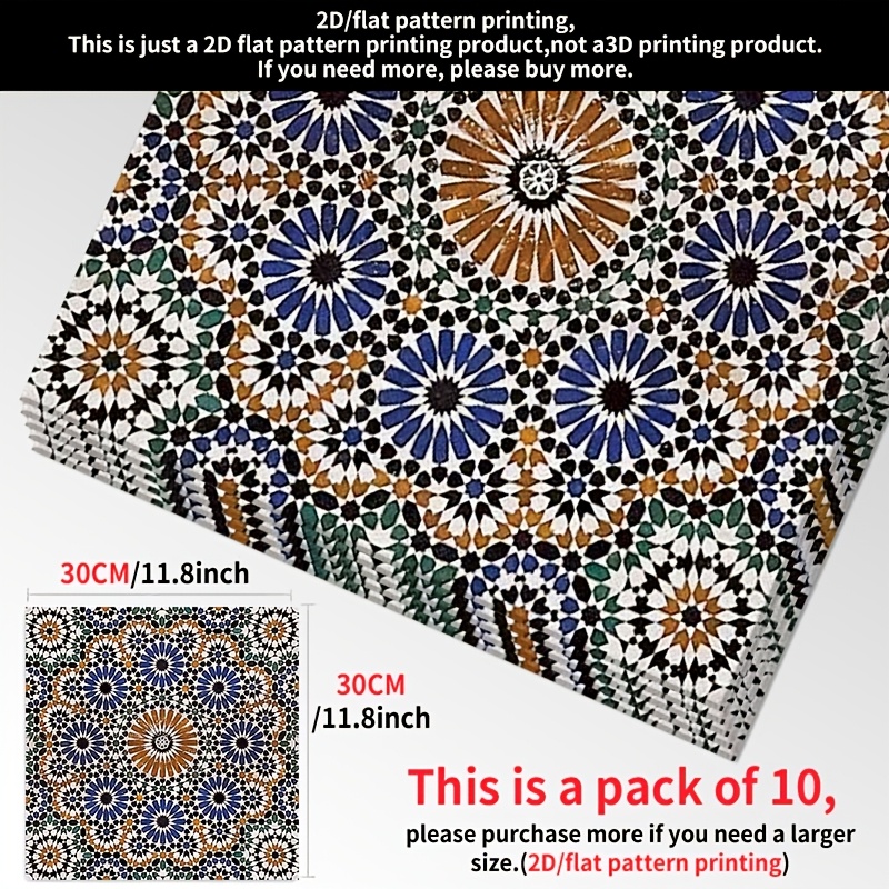 TEMU Set Of 10 Self-adhesive Vinyl Floor Stickers Featuring A 2d Flat Moroccan Mosaic Design, Measuring 30x30cm, Easy To Apply And Remove, Suitable