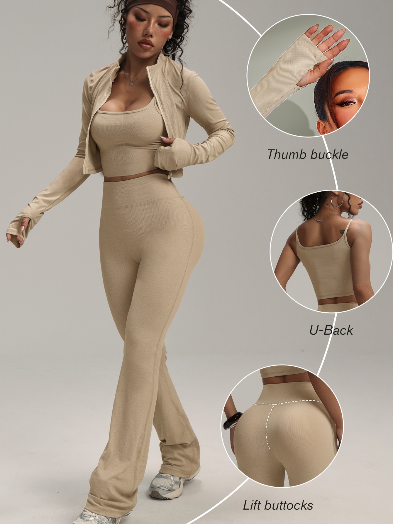 Autumn and Winter Yoga Fitness Three-Piece Set |   Tank   + High-Waisted Flared Pants + Thumb Hole Jacket | Versatile for Commuting, Running, and Multi-Scenes,   Wear, Medium Stretch Fabric, Solid Color, Zipper Detail, Long Length, Sports Style, Workout   & Bottom Sets,   Activewear | Sporty Chic Outfit | Zippered Jacket, Workout Accessories