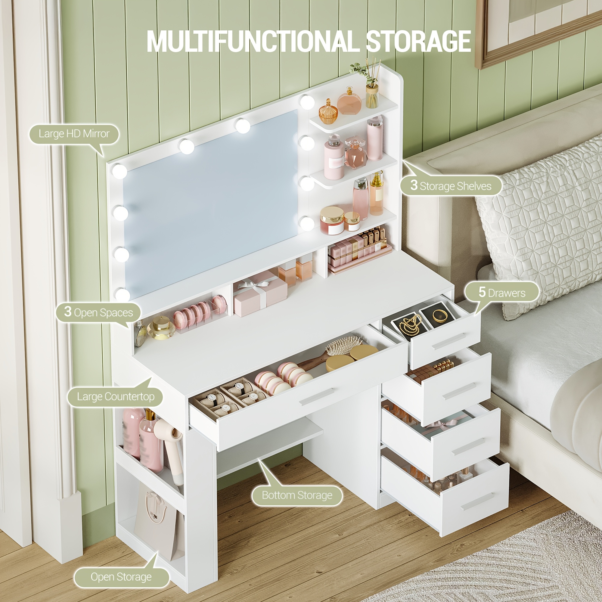 Dressing Table with Large HD Mirror and LED Lighting