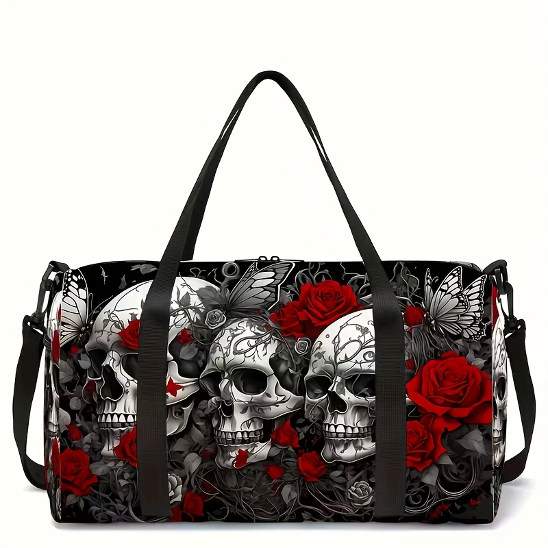 Image of A Travel Bag Featuring A Print Pattern That Combines Mandalas And Skull Flowers, Suitable For Men And Women, Trendy For Outdoor Use, And Ideal As Yoga Bag