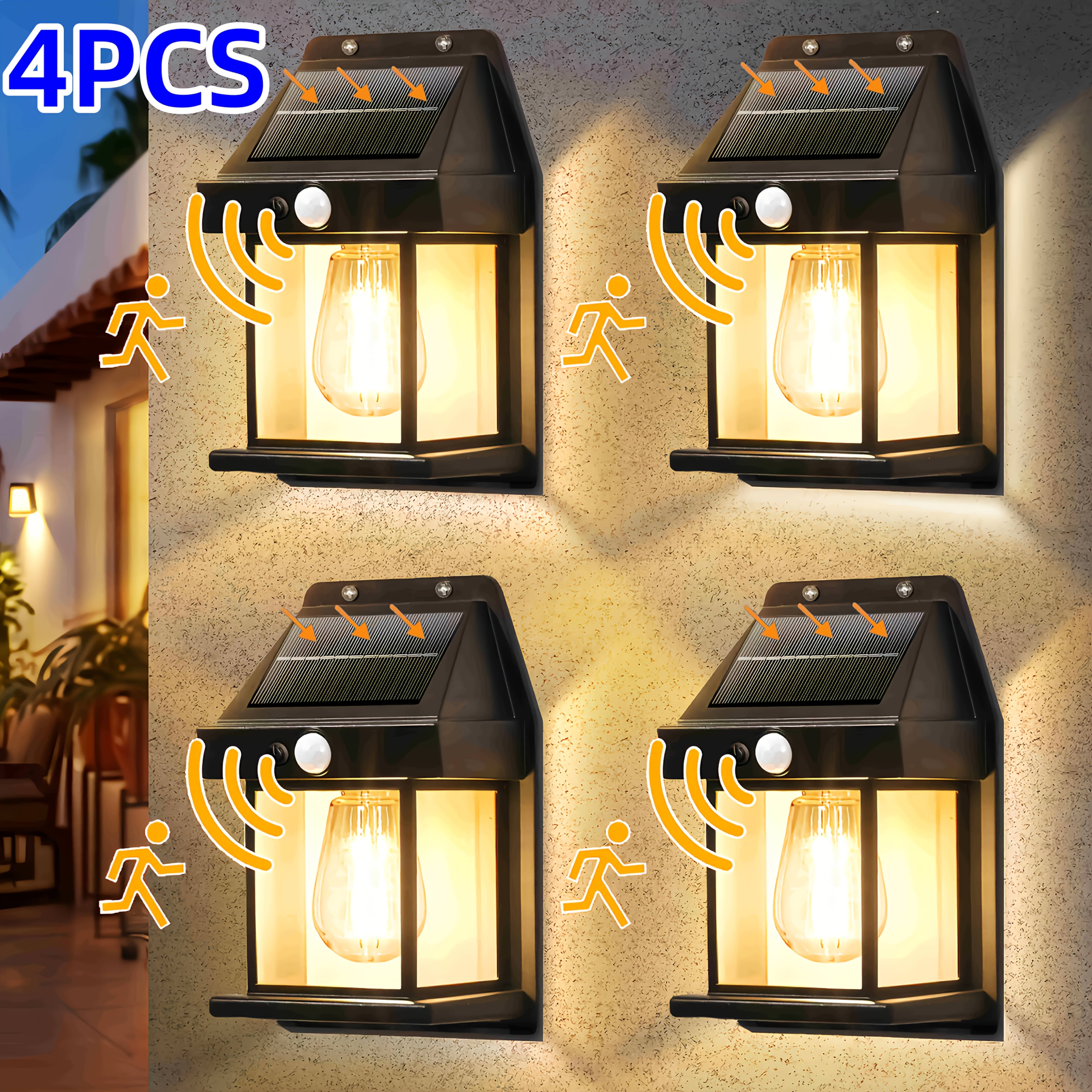 TEMU 4 Outdoor Solar Wall Lights, Outdoor, Courtyard, Solar Lights, Dusk To Dawn Motion Sensor Lights,, Motion Sensor Solar Porch Lights, With 3 ,
