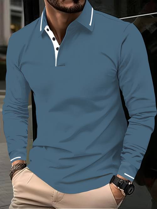 mens fashion long sleeve shirt casual golf wear stretch rib knit details