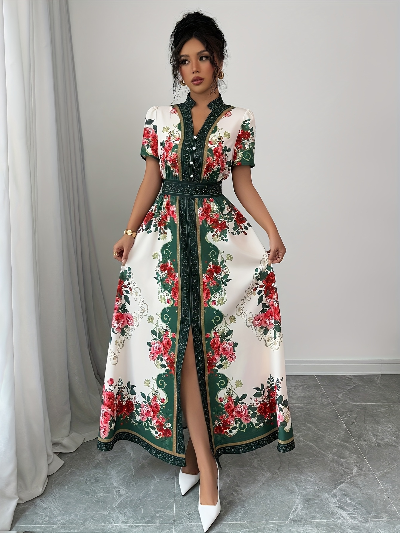 womens floral print elegant a line dress with stand up collar puff short sleeves machine washable summer long dress with side   regular fit for casual formal occasions cute dresses Product details 4