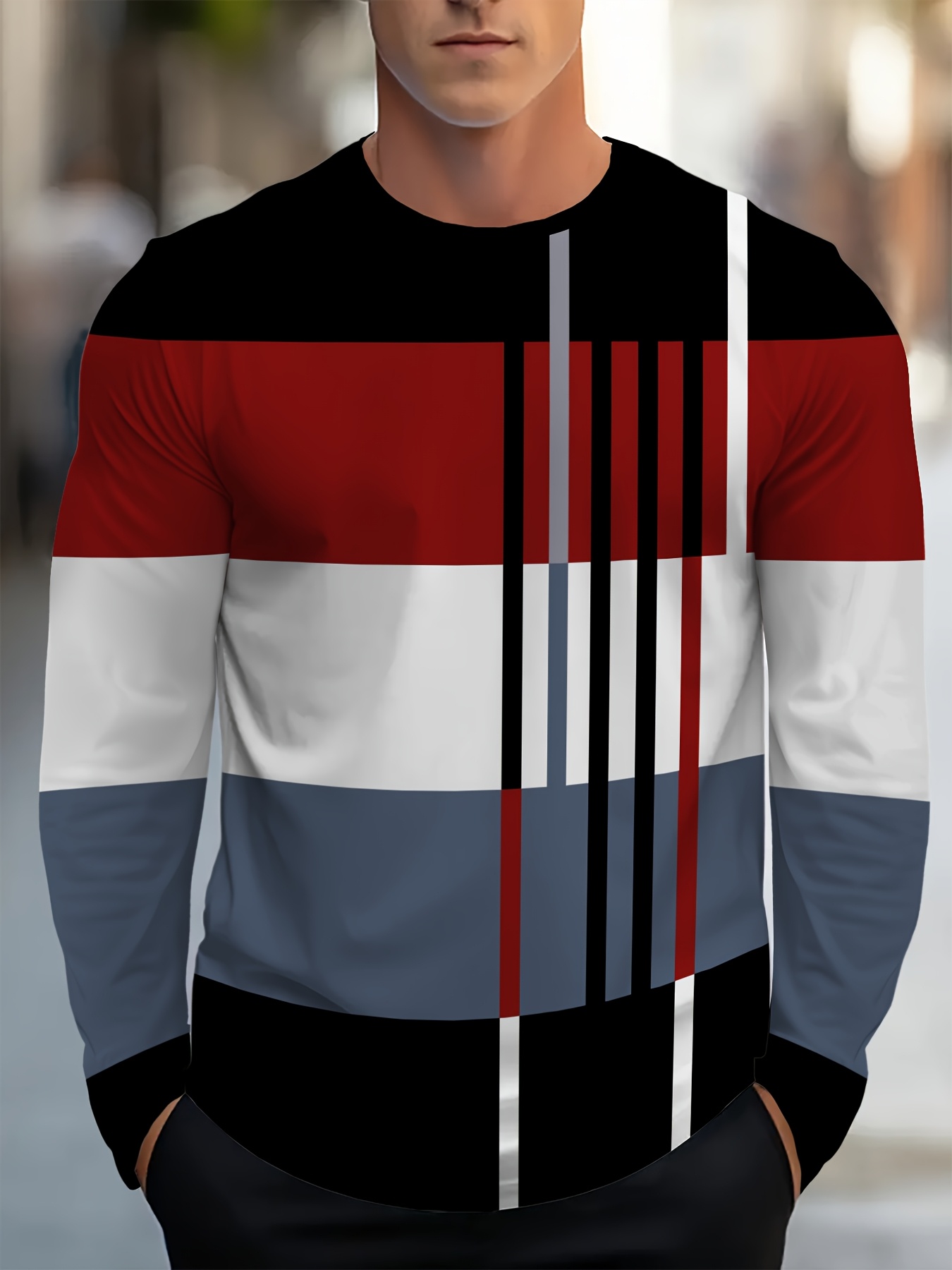 Men S Casual Striped Long Sleeve Crew Neck Pullover - Black, Red,   Vertical Stripes, Comfortable Sporty Design for Spring/Fall, Everyday Pullover|Striped Pattern Top| 