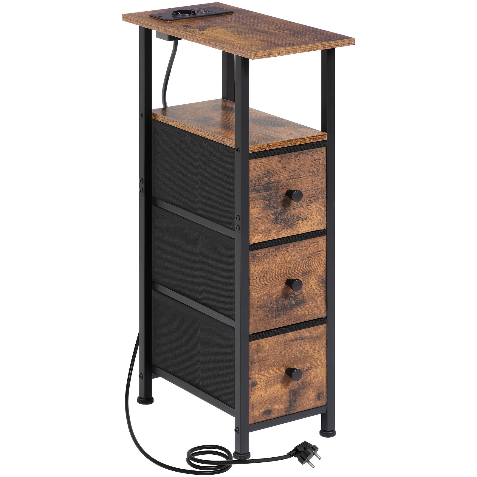 Image of Amhancible 1pc/2pcs Bedside Table With Charging Station - Space- Modern Bedside Tables, Wood And Metal Furniture With 3 Fabric Drawers, Perfect For Small Spaces