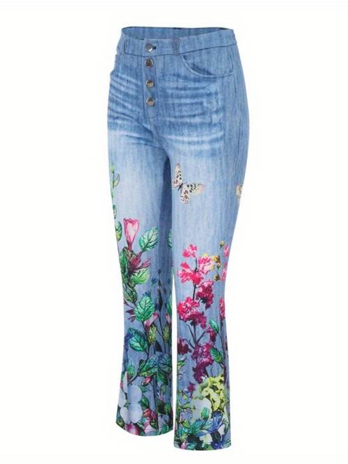 womens floral print flared bell bottom jeans denim bootcut trousers with vibrant streetwear style machine washable casual pants