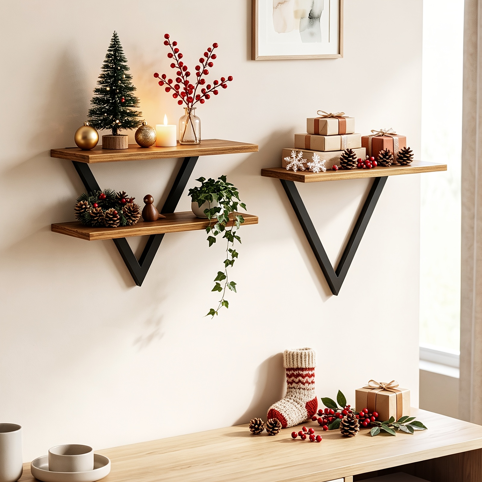 TEMU 2pcs Wall-mounted Shelves, , Triangular Sturdy Load-bearing Storage Rack, Space-saving, Dark Brown Vintage Decorative Floating Shelves, Suitable