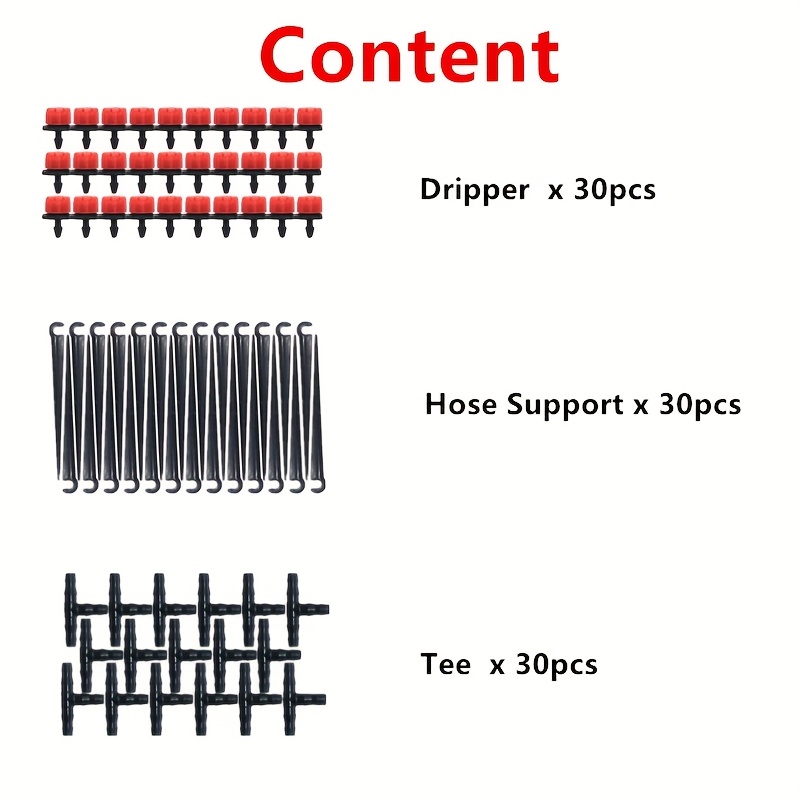 Image of 90pcs 1/4inch Tubing Connector Kit, Including 30pcs Adjustable Drippers, 30pcs Tees, 30pcs Brackets, Garden Irrigation Set Fittings