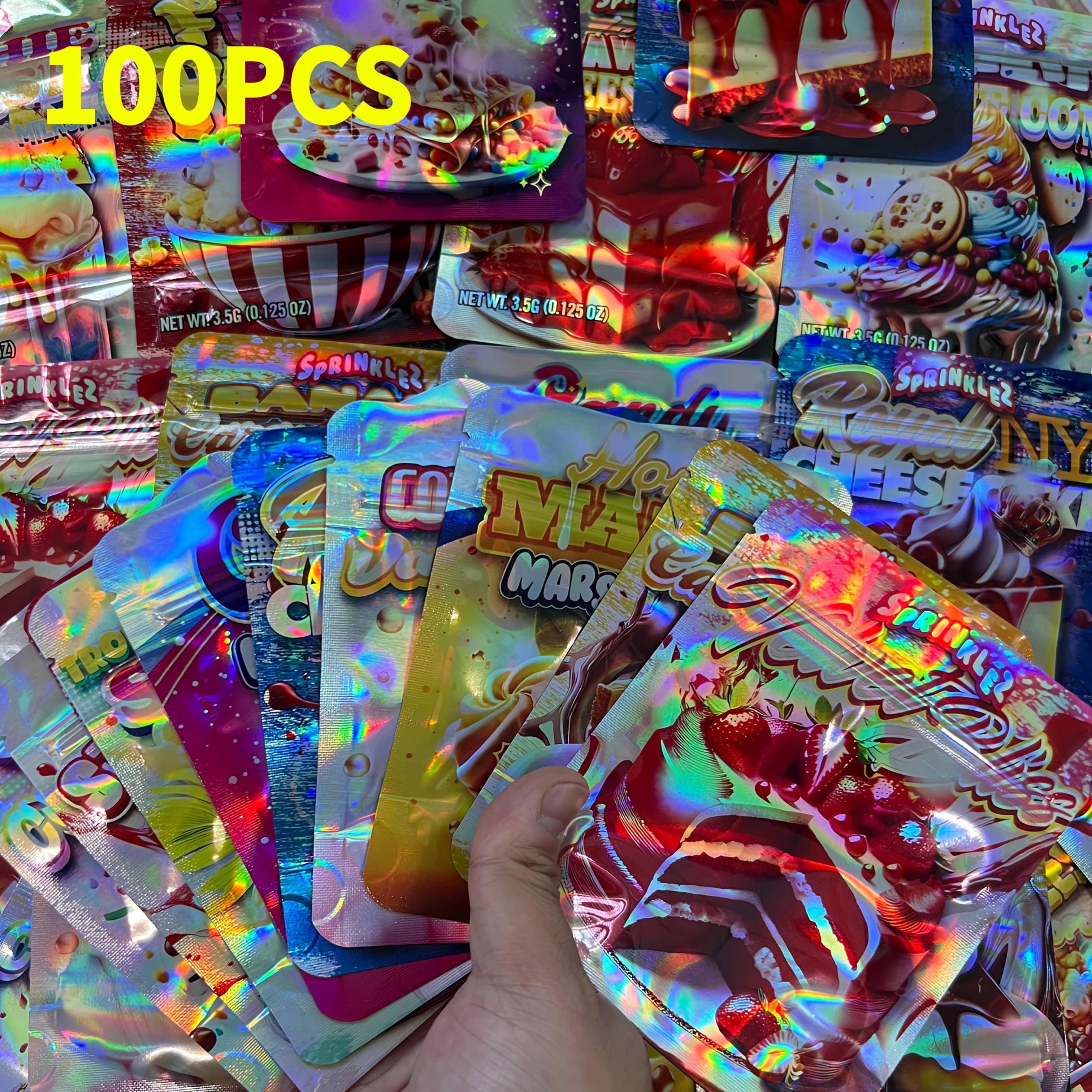 TEMU 100/50pcs Reusable High-quality 3.5g Large Mixed Holographic Zipper Bags, Mylar Bags, Polyethylene Film, Ideal For Jewelry, Gift Bags, Bulk,