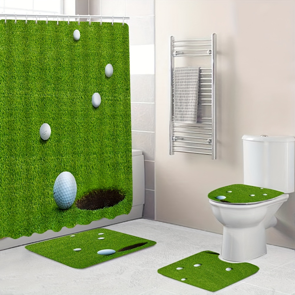 

Course-themed Bathroom Set: 12 Hooks, Non-slip Absorbent Mat, U-shaped Rug, Toilet Lid Cover - Fashionable Polyester Curtain Included