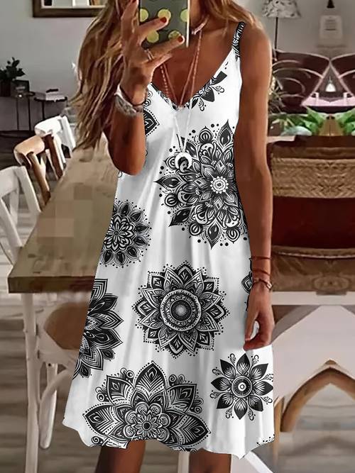 2025 new womens black white floral v neck sleeveless dress for lotus print hem lightweight polyester machine washable spring summer fall party casual dress summer fashion elegant fabric versatile outfit breathable material adult women