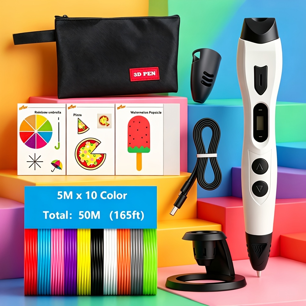 TEMU 3DLNK Nouveau Stylo d' Amélioré, Anti-Obstruction, Facile à Utiliser, Filament PLA : 10 Couleurs X 5M , Total 50M/165Ft, Livré avec Sac de