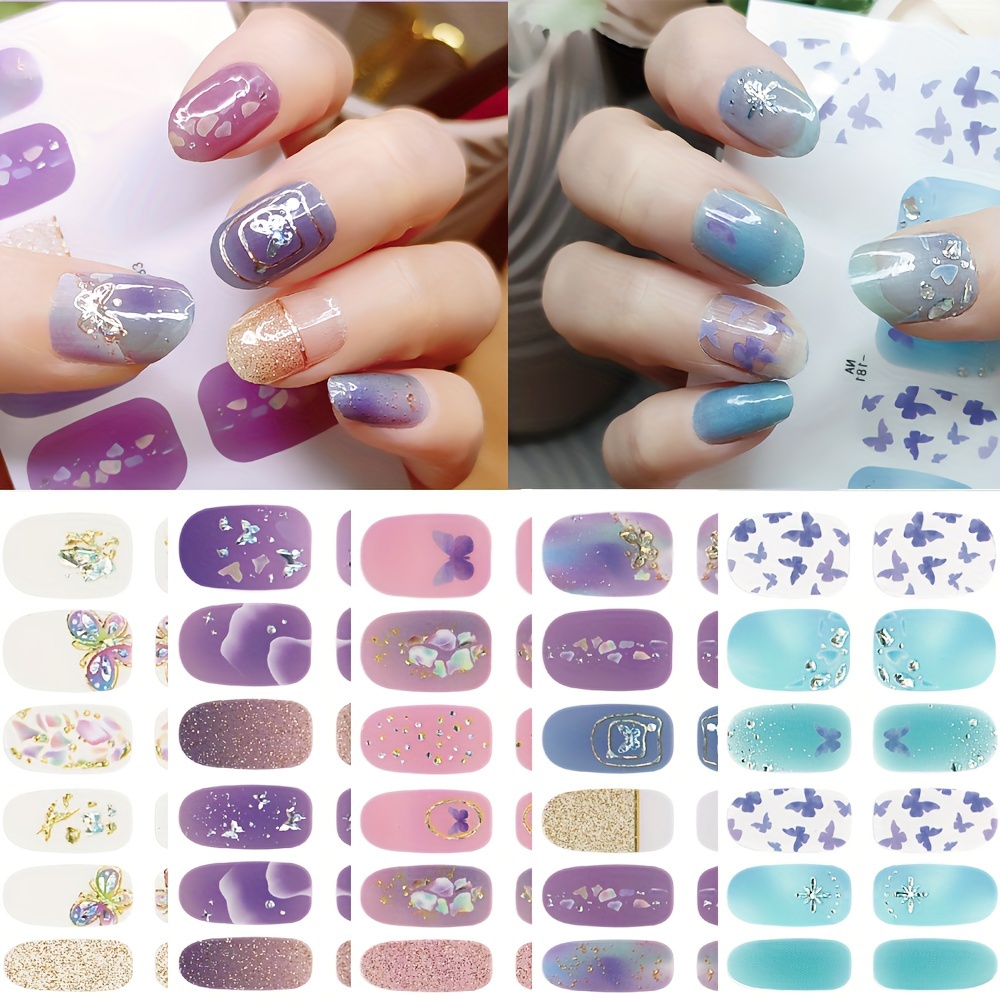 

5 Sheets Summer Full Wrap Nail Polish Stickers Self Adhesive Glitter Gradient Decal Strips With 2 Nail File For Women Girls Diy Nail Craft