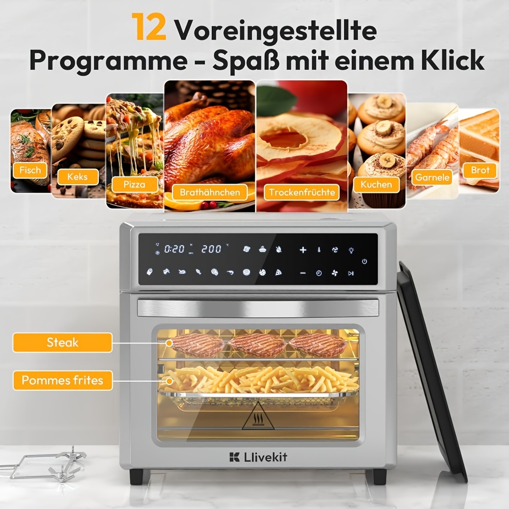 26L Hot Air Fryer XXL, Hot Air Oven With LED Touch Screen, 12-in-1 Stainless Steel Mini Oven With Convection, 7 Accessories, 1700 W Oil-Free Rotisserie Function Air Fryer Commercial Cooking Equipment Commercial Oven