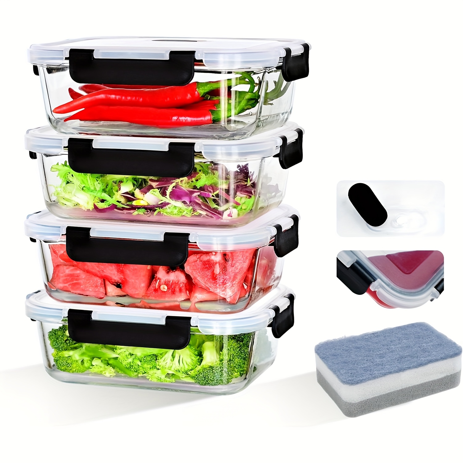 Image of Saeiv Glass Containers 2/4/6 With Lids, 1040 Ml Glass Bowl With Lid, Glass Lunch Box With Lid, Glass Storage Box With Lid, Kitchen Storage Box With Black Lid