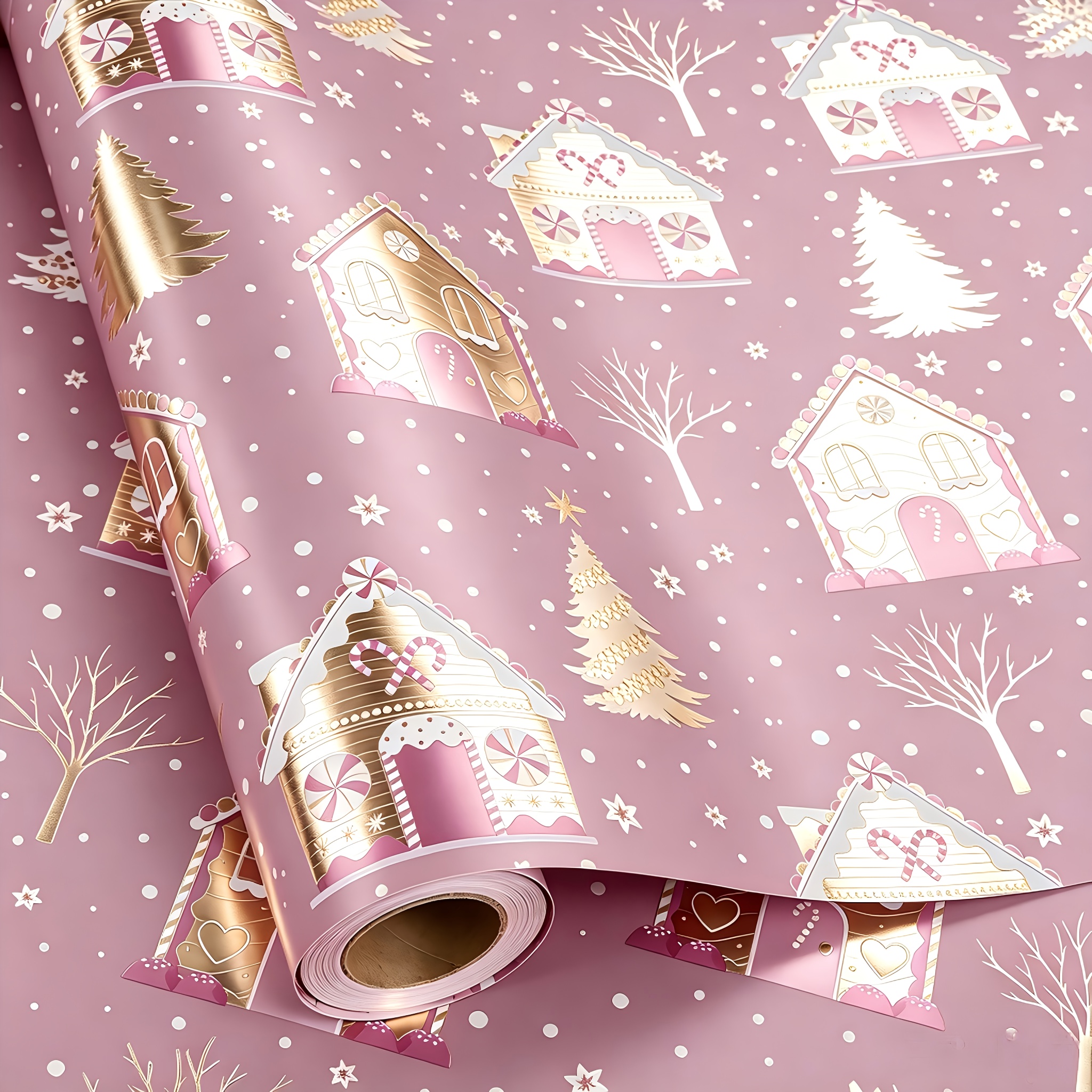 TEMU 1 Roll Christmas Foil Wrapping Paper - Double-sided Christmas Wrapping Paper - Pink Golden Houses With Candy Cane Design On Reverse Side, Ideal