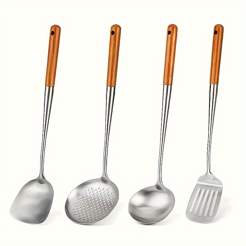 Image of 4pcs Stainless Steel Kitchen Utensils Stainless Steel Spoon Stainless Steel Cutlery Wok Spoon Wok Cutlery Spoon Suitable For Cooking Heat-resistant Kitchen Tools For Cooking And Serving