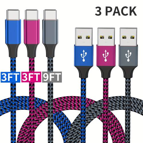 item picture quick charging data cable three piece set usb a to usb c nylon braided wire suitable for samsung google for huawei lg for sony oppo xiaomi supports data transfer 35 43in 70 87in 106 3in
