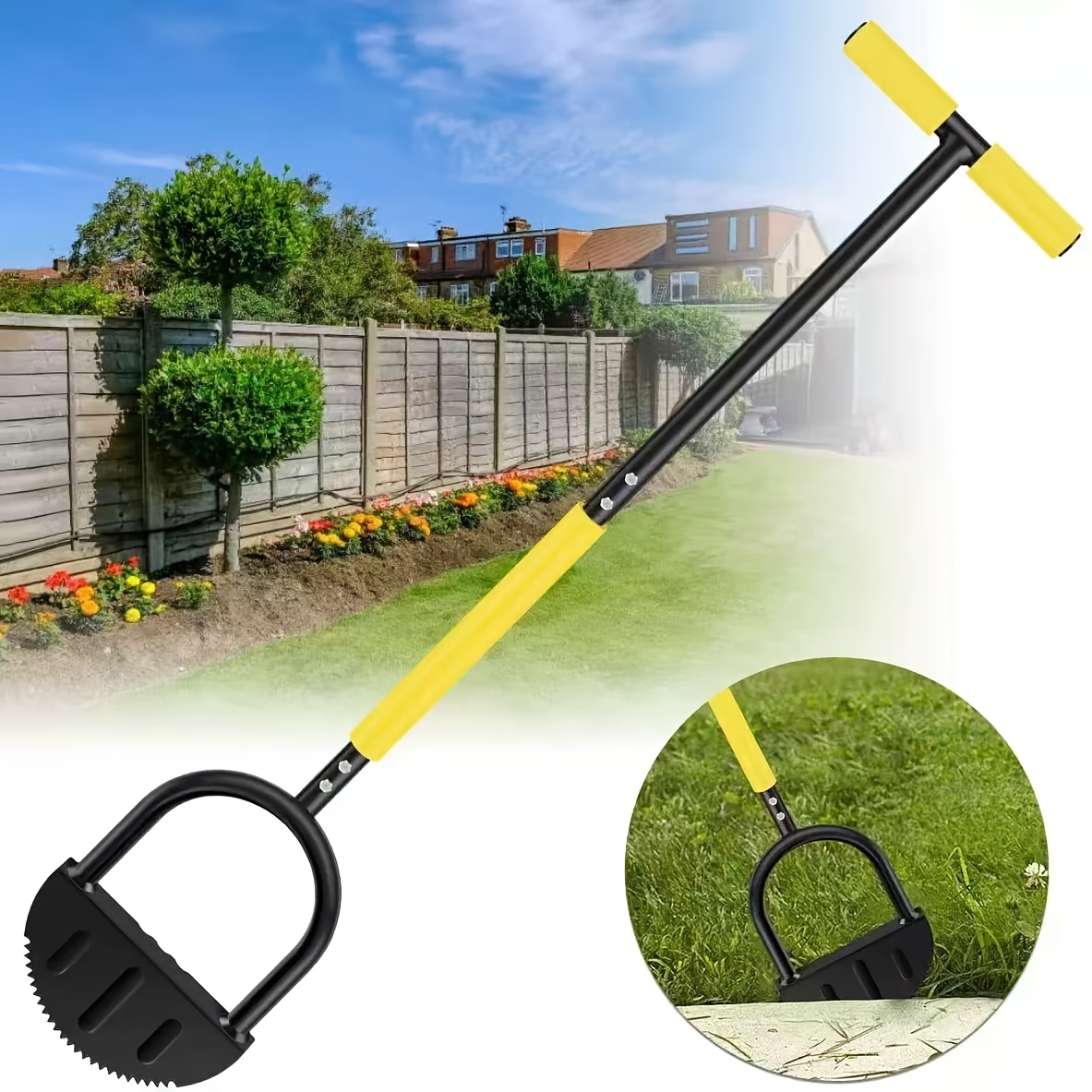TEMU 1pc Serrated Lawn Mower Tool, Crescent-shaped Mower With T-handle, Suitable For Gardens, Parks, And Yards