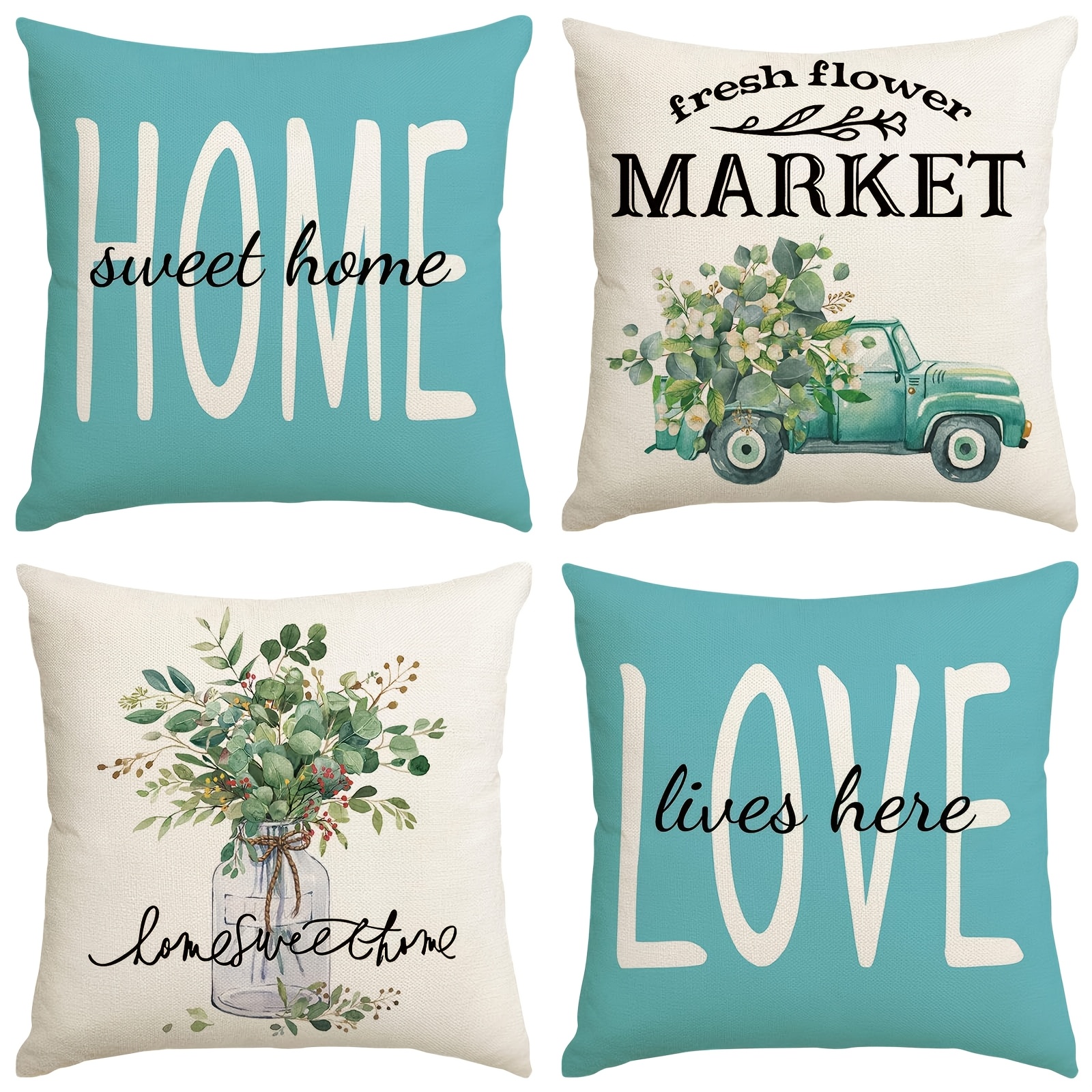 

Outdoor Throw Pillow Covers 18x18 Set Of 4, Farmhouse Eucalyptus Leaves Pillow Cases, Pastel Teal Outdoor Pillowcases Truck Vase Here Gifts For Sofa Couch