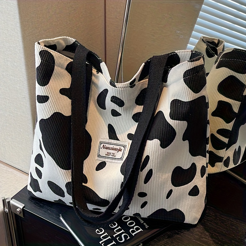 TEMU [women's Handbag] 2026 Back-to- Fashion Cow Print Velvet Handbag Tote Bag, Suitable For Men And Women Handbag Commuter Bag Shoulder Bag, Large