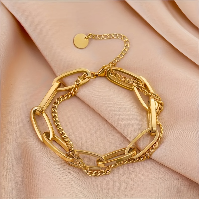 TEMU Luz de Lujo, Elegante, Damas, Acero Inoxidable Dorado Casual Vacaciones, Uso Diario Versátil, Pulsera de Capa