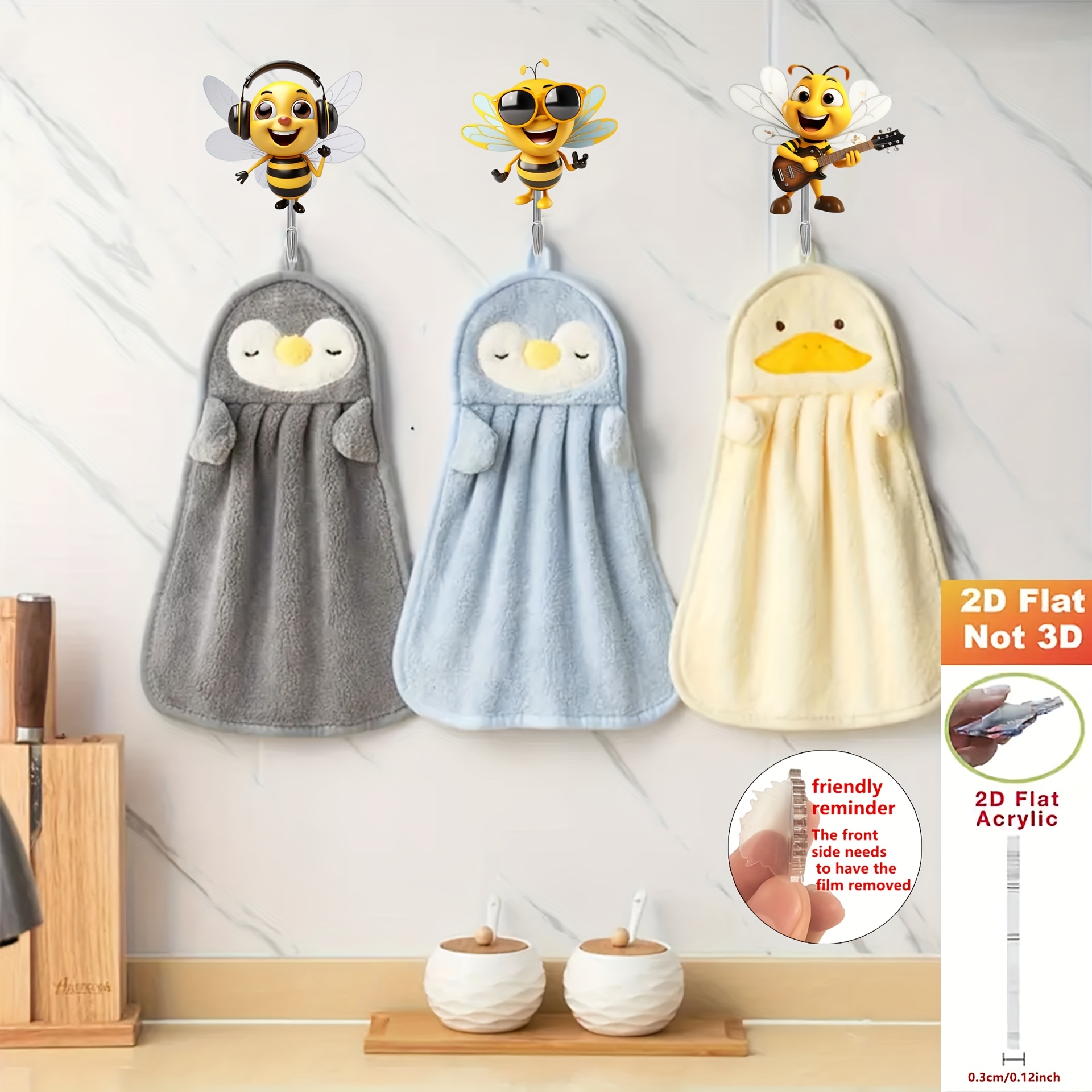 TEMU 2d Flat 8pcs Fun Bee Acrylic Hook, No Punching Required, Suitable For Kitchen, Bathroom, Living Room, Office, Self-adhesive Hook, Holiday