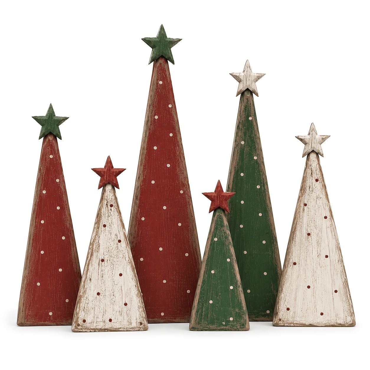 TEMU Christmas Tiered Tray Decor, 6pcs Distressed Red Green White Polka Wooden Christmas Tree Table Centerpiece, Rustic Farmhouse Winter Tabletop