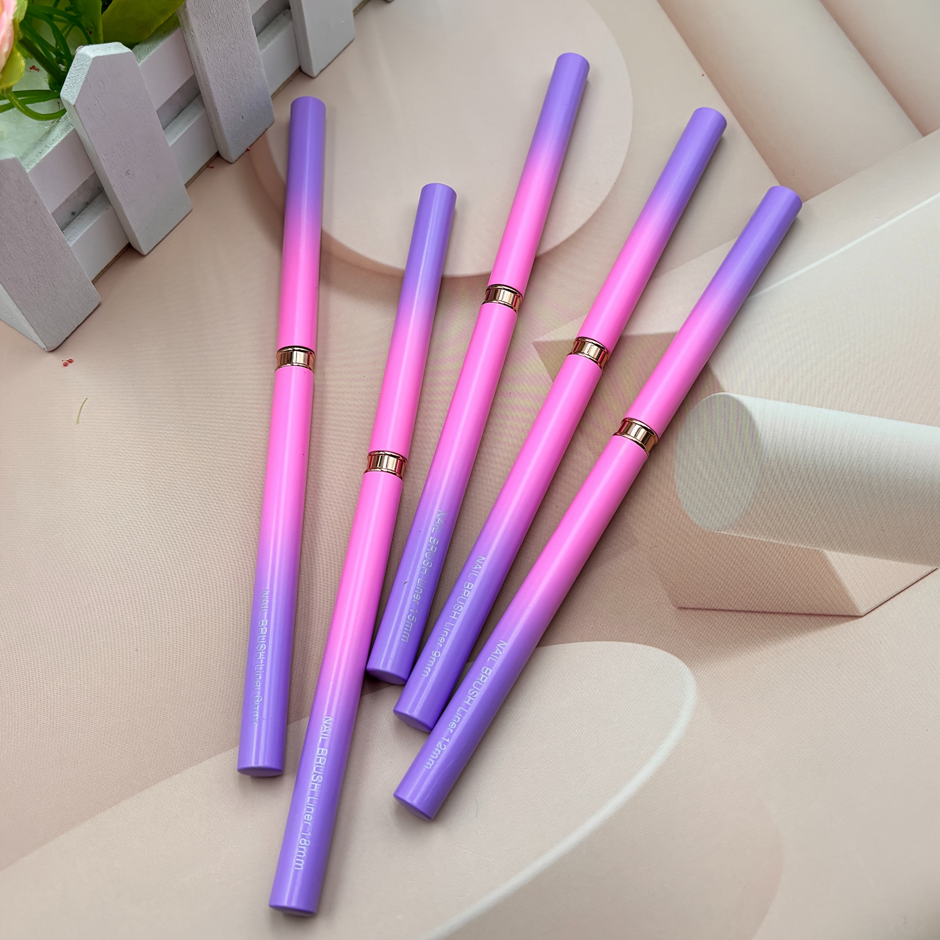 TEMU 5pcs Set Of Metal Round-tip Gradient Pink-purple Nail Art Liner Brushes, Multi-functional Nail Art Brushes