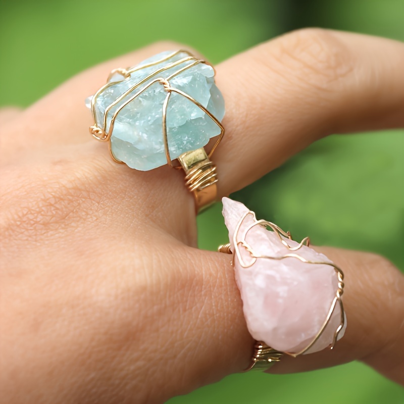Boho Vintage Style Natural Stone Copper Rings Set