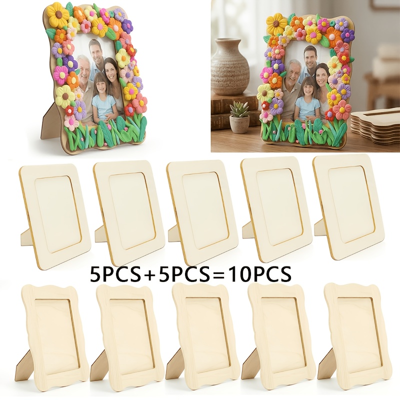 E-shop 10-teiliges handgemachtes Rahmen-Malerei-Set: Enthält 10 unfertige Holzrahmen (5 gewellt 5 rechteckig), DIY-Holzfotorahmen, Heimdekorationen