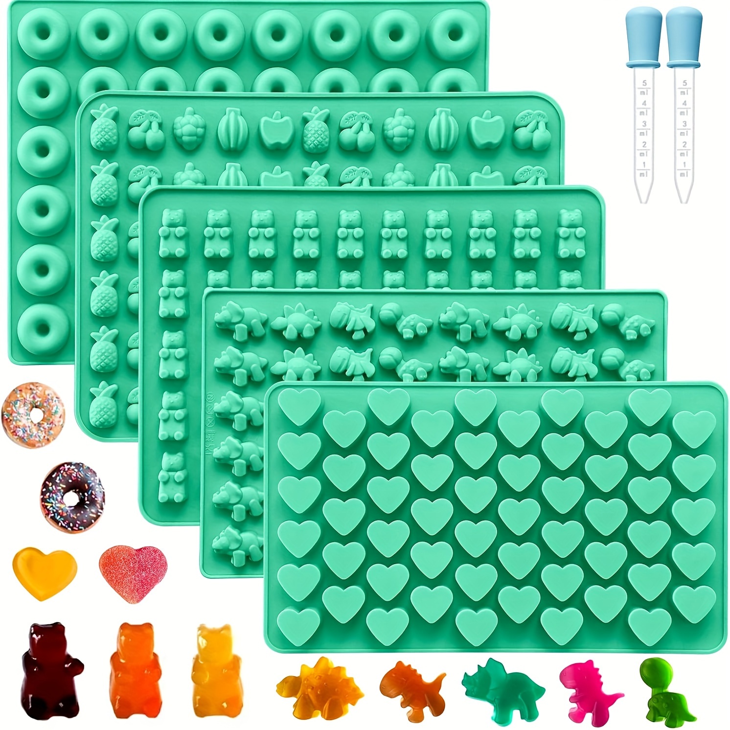 

7pcs Silicone Gummy Molds Set With 2 Droppers - , , Foldable & Storage-friendly - Includes Dinosaur, Bear, Donut Shapes For Diy Gummy Candy Making